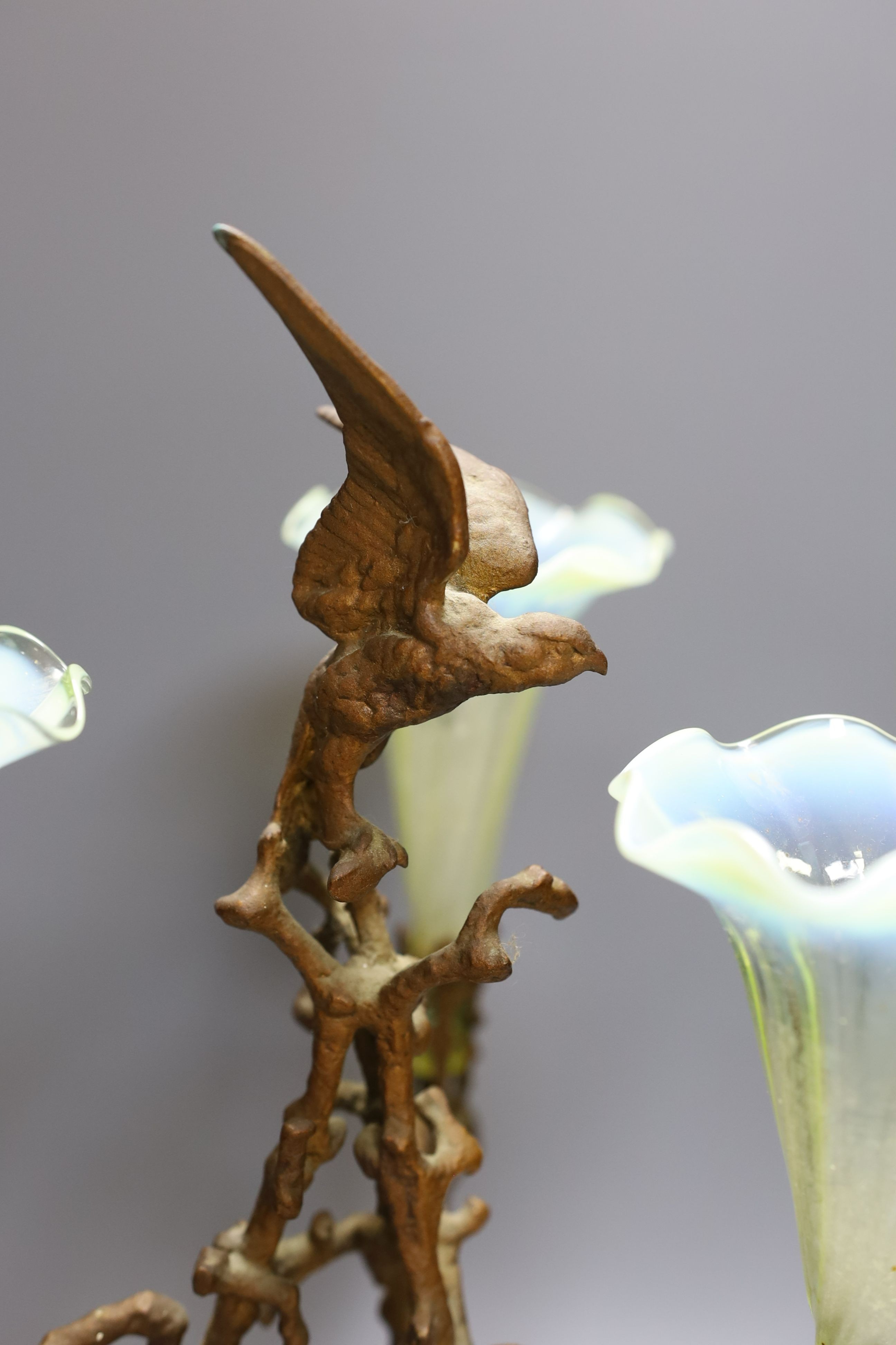 A 19th century 3 branch and spelter epergne decorated with a dog and bird - 41cm tall, with Vaseline glass vases